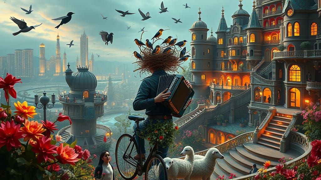 Surreal Accordionist in Whimsical Palais Idéal