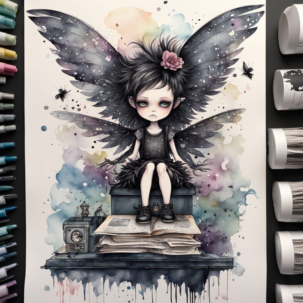 Dark Punk Fairy Sorts Office Papers with Delicate Watercolou...