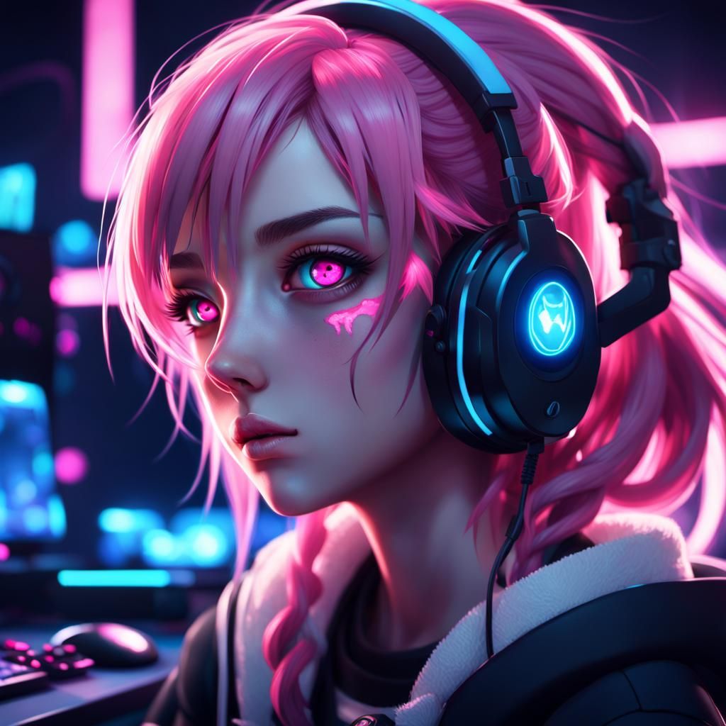 Vibrant Anime Gaming Goddess Illuminates Darkened Room