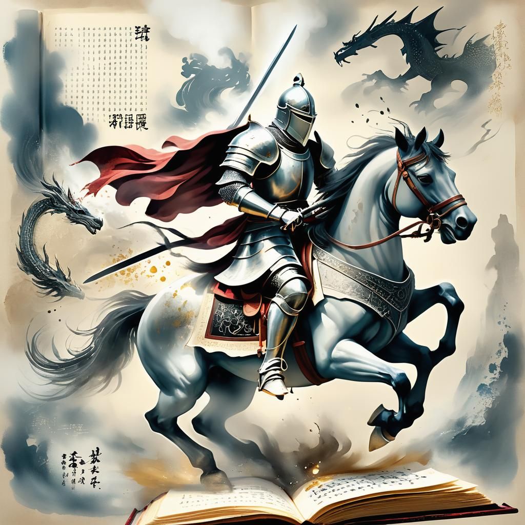 Knight Versus Dragon in Open Book: Chinese Ink Art