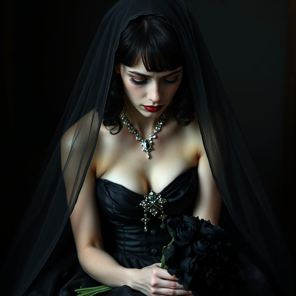 Sorrowful Bride in Black Veil and Wedding Gown