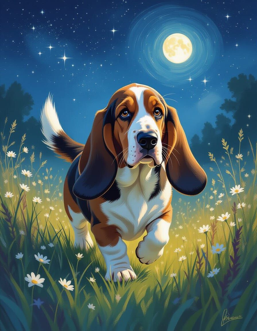 Basset Hound with Flowing Ears in Starlit Meadow