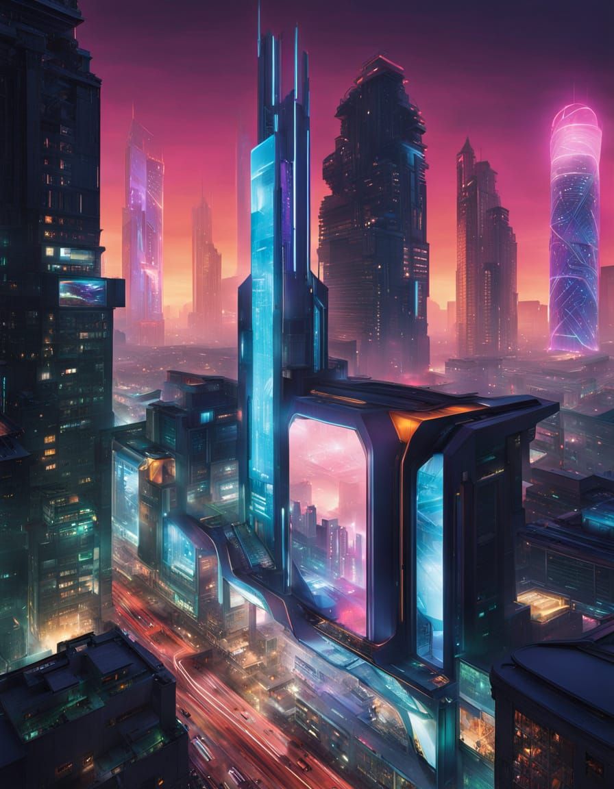 Cyberpunk Cityscape at Night with Neon Lights