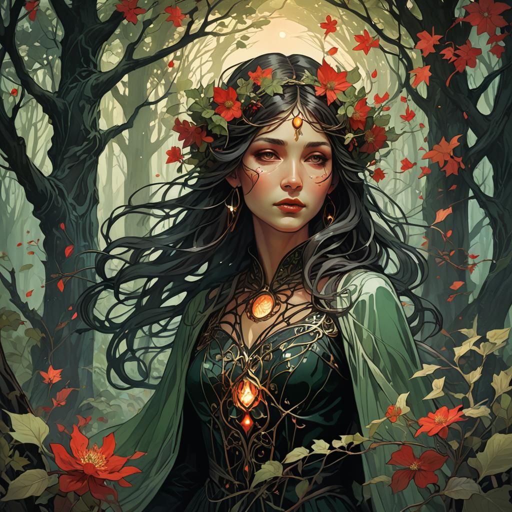 Ethereal Forest Woman in Alphonse Mucha Style