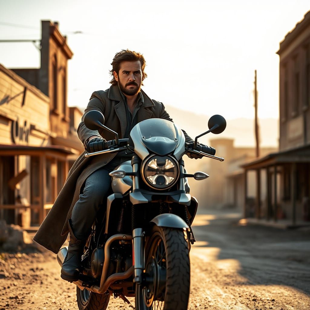 Rugged Cowboy Rides High-Tech Motorcycle Through Deserted Co...