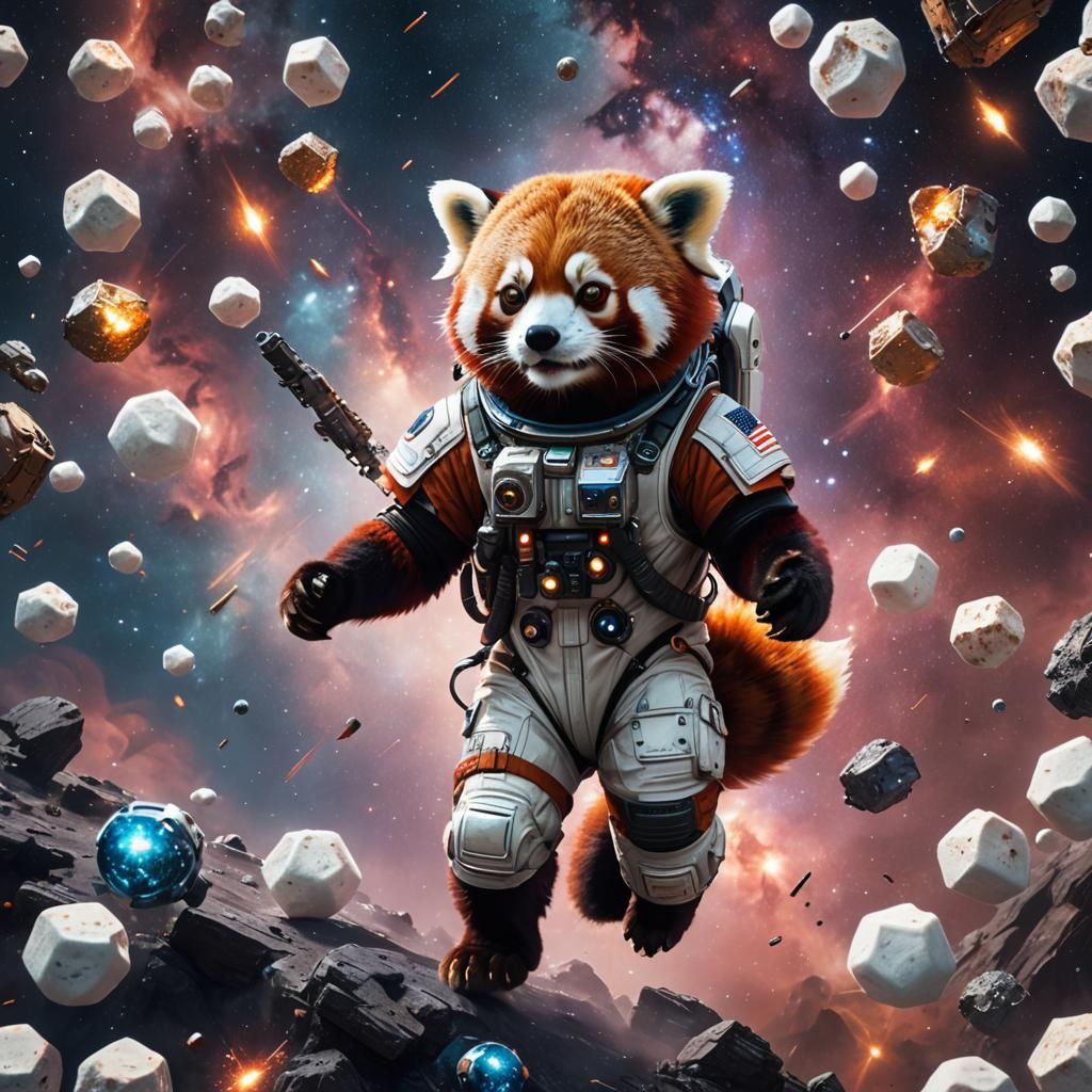 Red Panda Astronaut Among Marshmallow Planets