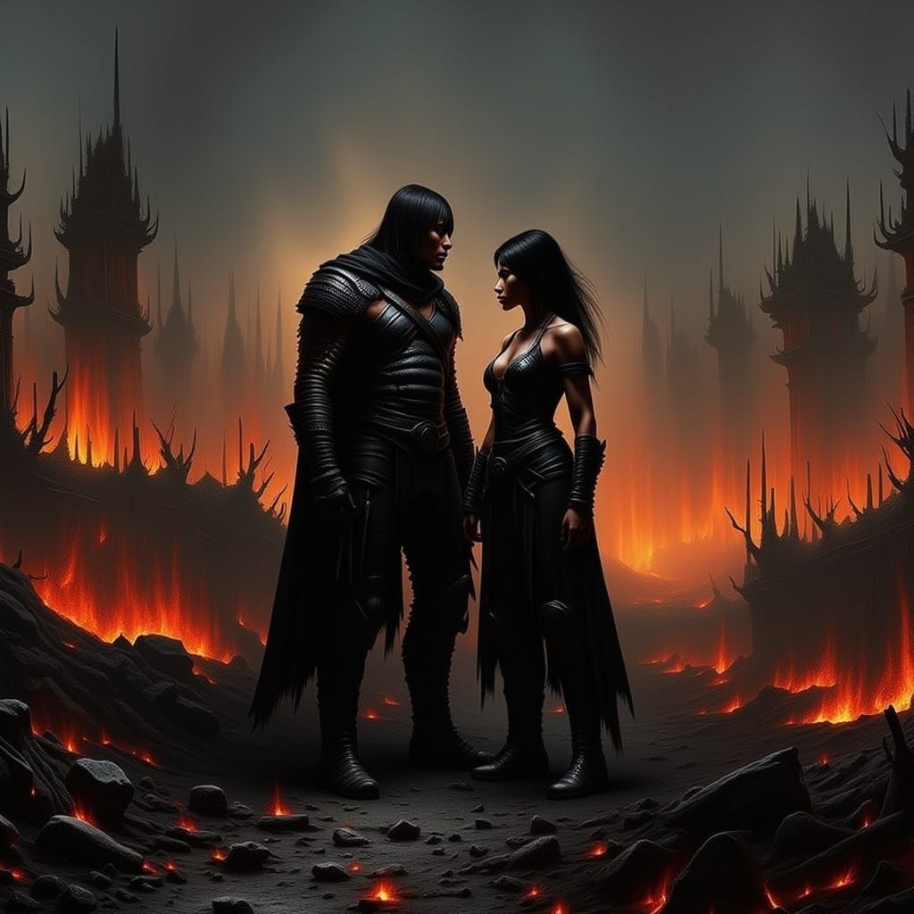 Post-Apocalyptic Warriors in Burning Village