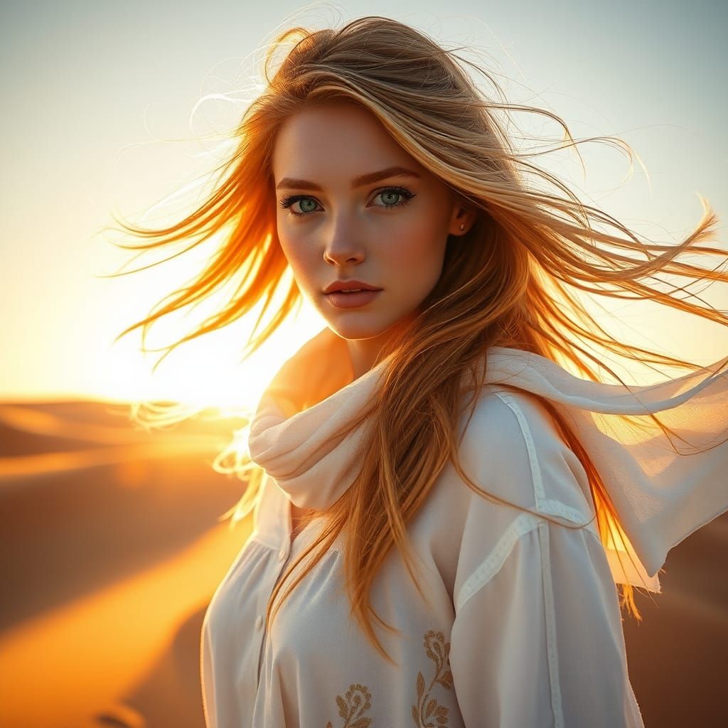 a beautiful woman long strawberry blonde hair blowing in the wind, vibrant green eyes, wearing all white linen, a linen ...