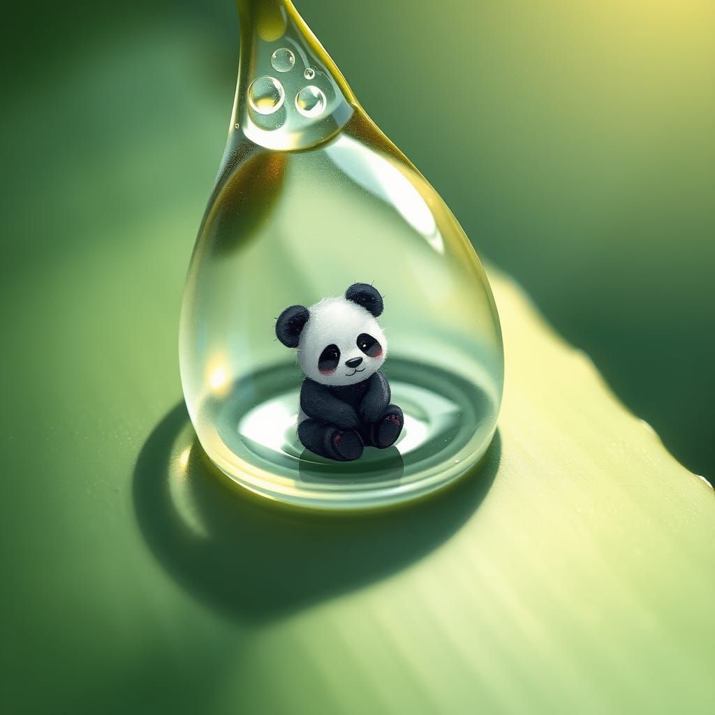 Ethereal Panda in Whimsical Water Droplet Scene