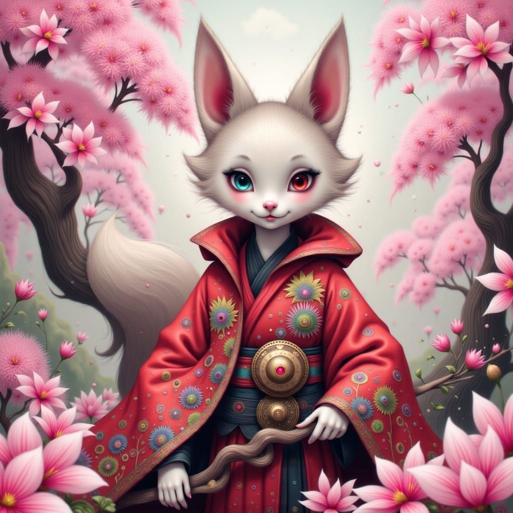 Kitsune Trickster God in Blossom, Ethereal Lighting