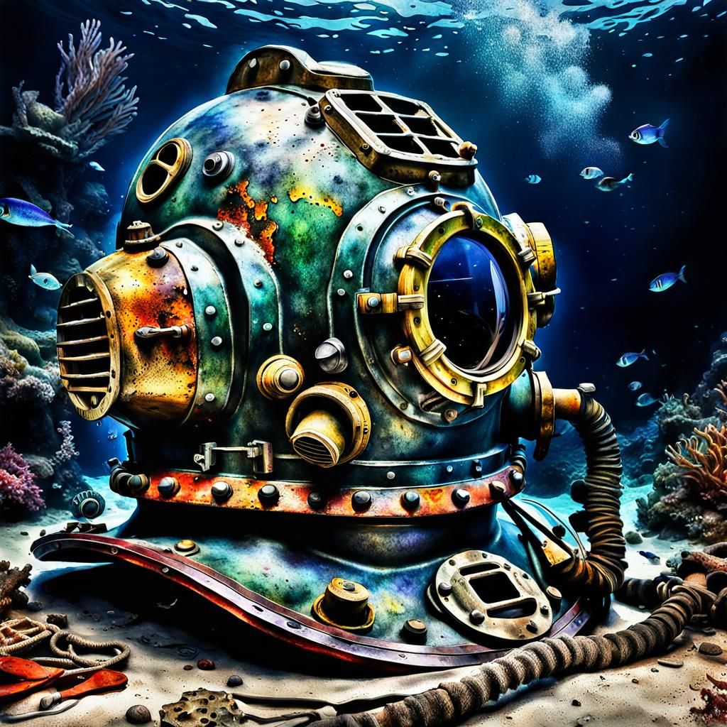 Abandoned Diving Helmet in Digital Watercolor