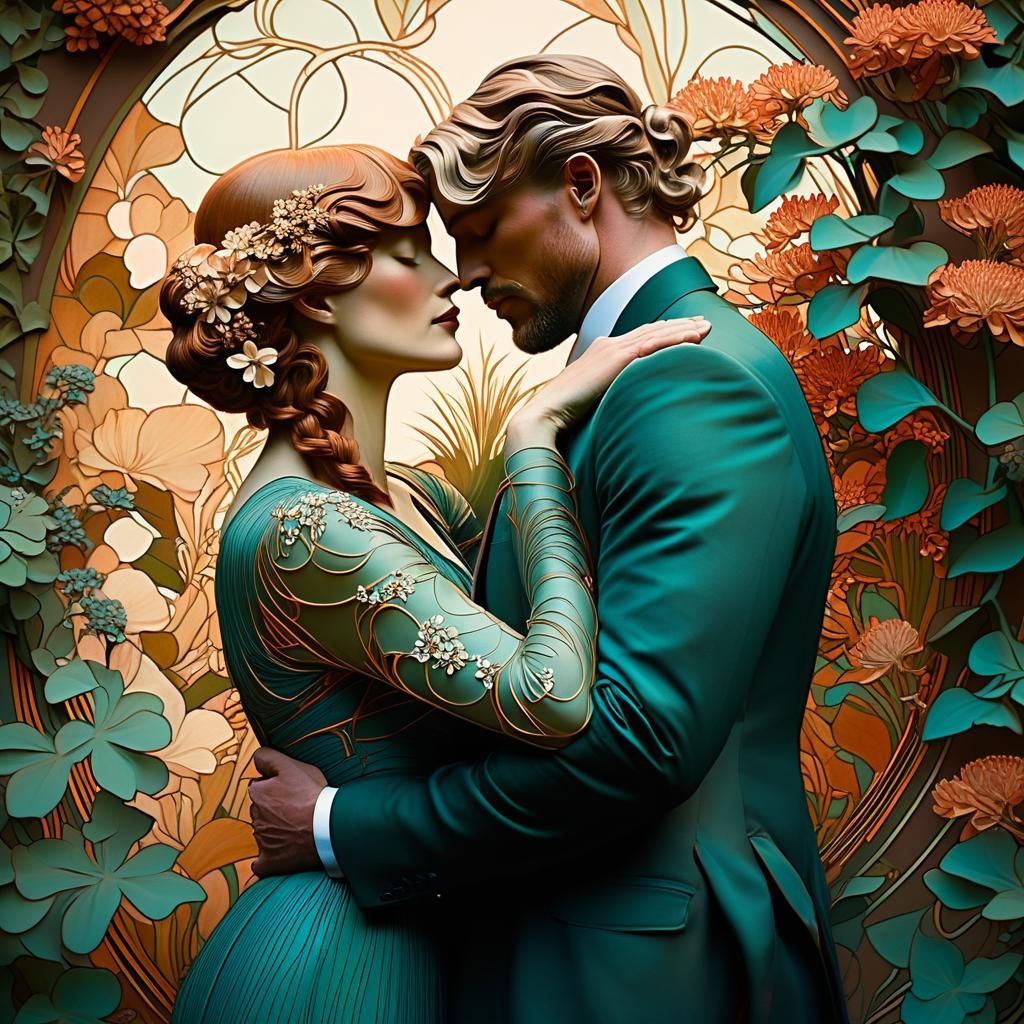 Art Nouveau: Lovers Embrace in Floral Garden