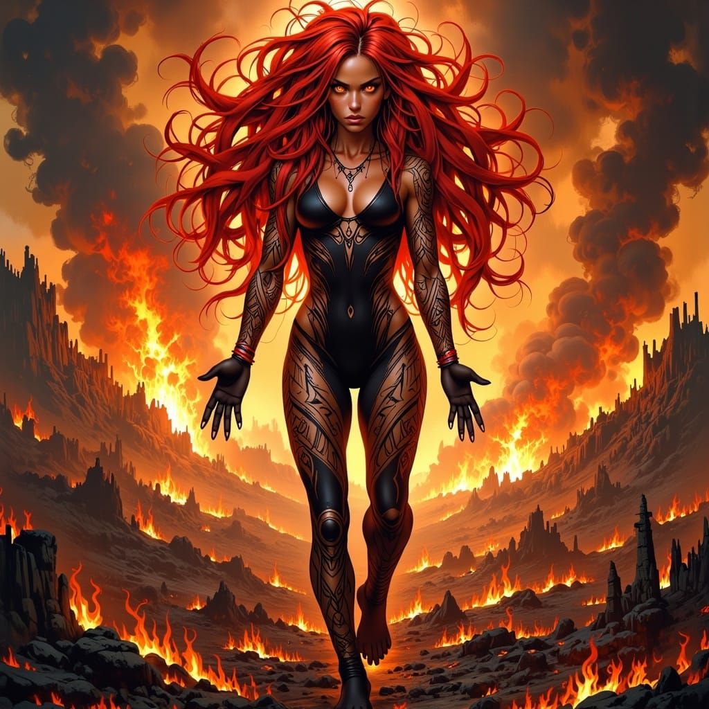 Fiery Woman in Burning Landscape, Digital Art