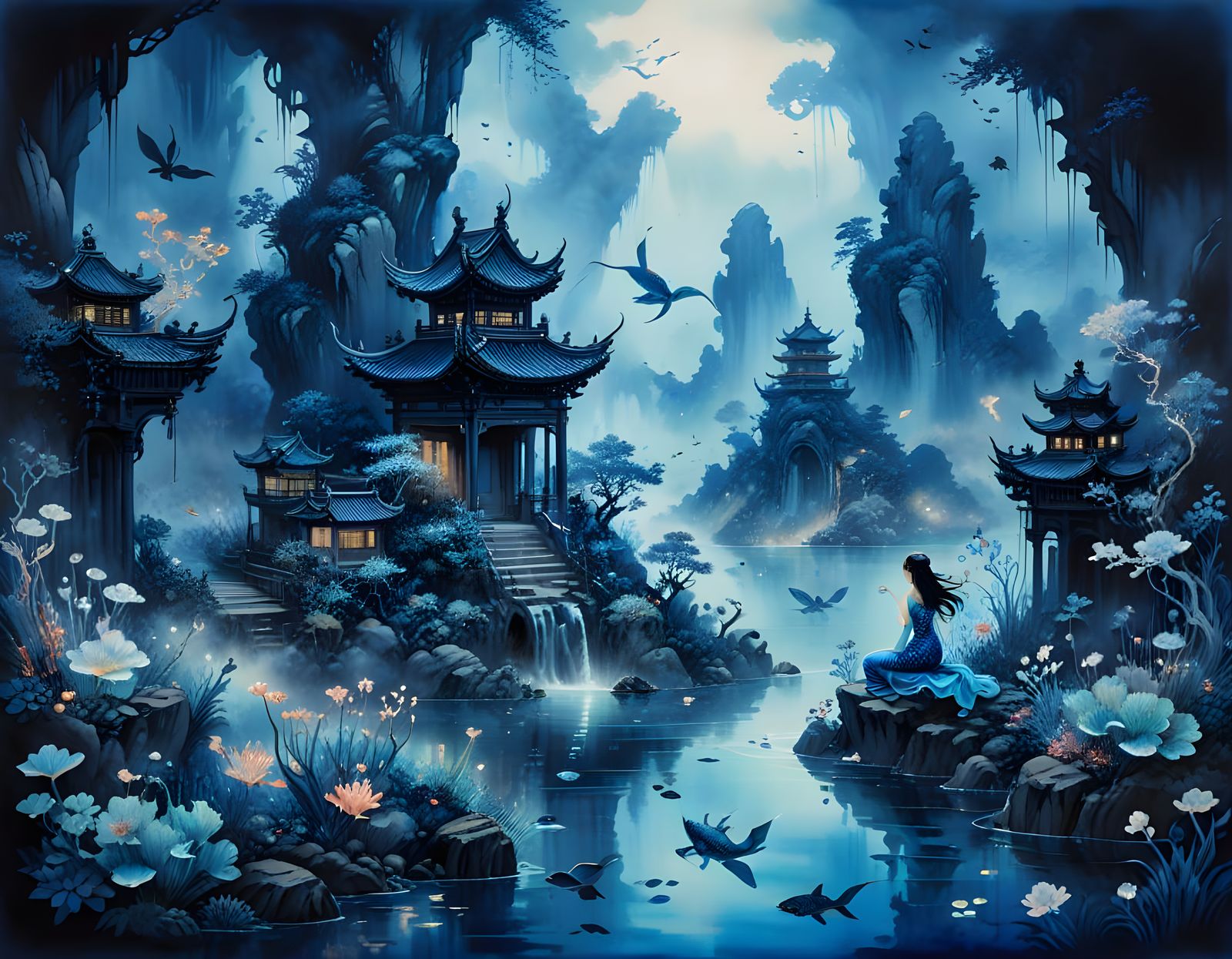 Underwater City with Merfolk in Chinese Ink Style