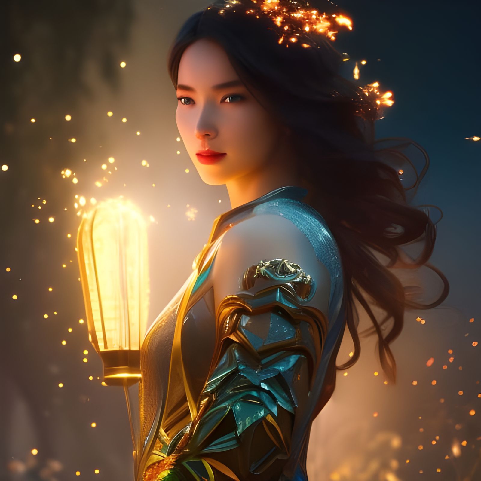 Fireflies Light Up Willow Tree, Detailed Digital Art