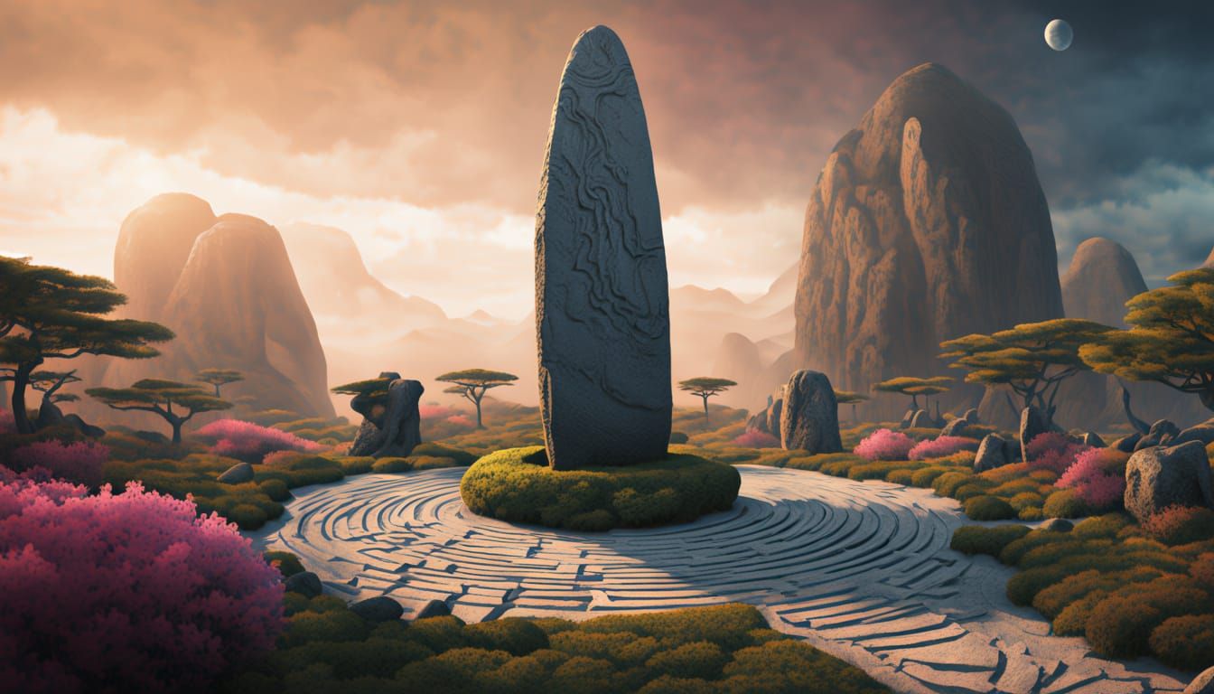 Massive Menhir In Alien Zen Garden, Sci-Fi Digital Painting