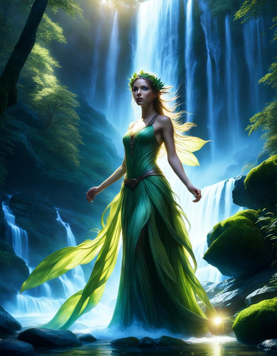 Beautiful Fae Emerges from Waterfall