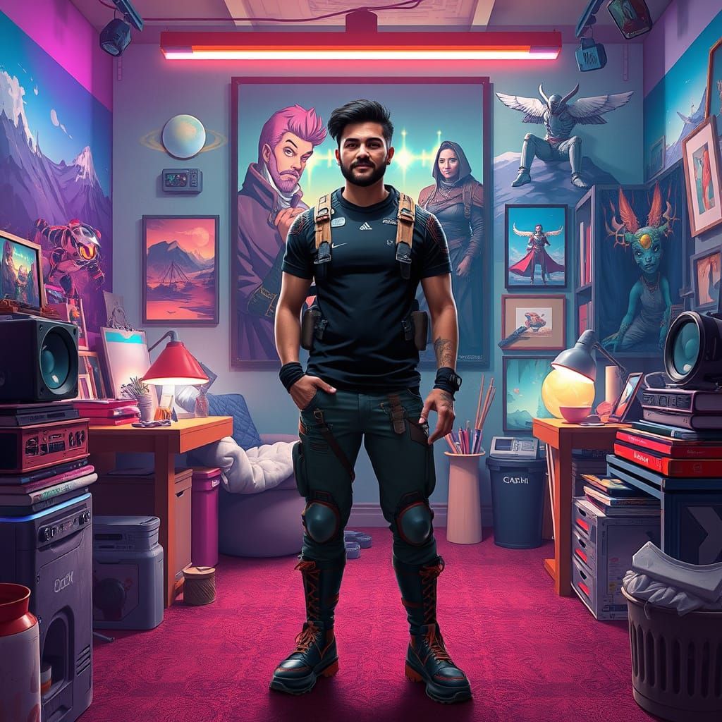 Confident Creator in Vibrant Digital Art Studio