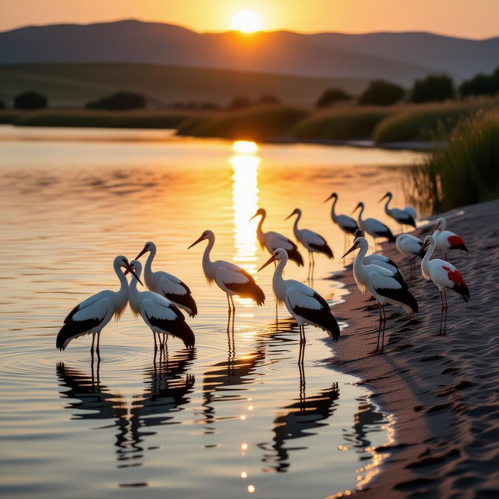 Tranquil Lake at Sunset with Storks and Flamingos
