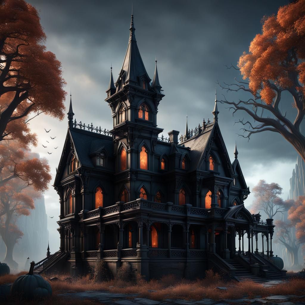 Halloween Spiderwebs Adorn Black Mansion with Spires