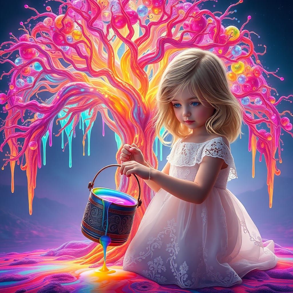 Ethereal Girl Paints a Glowing Tree with Colors