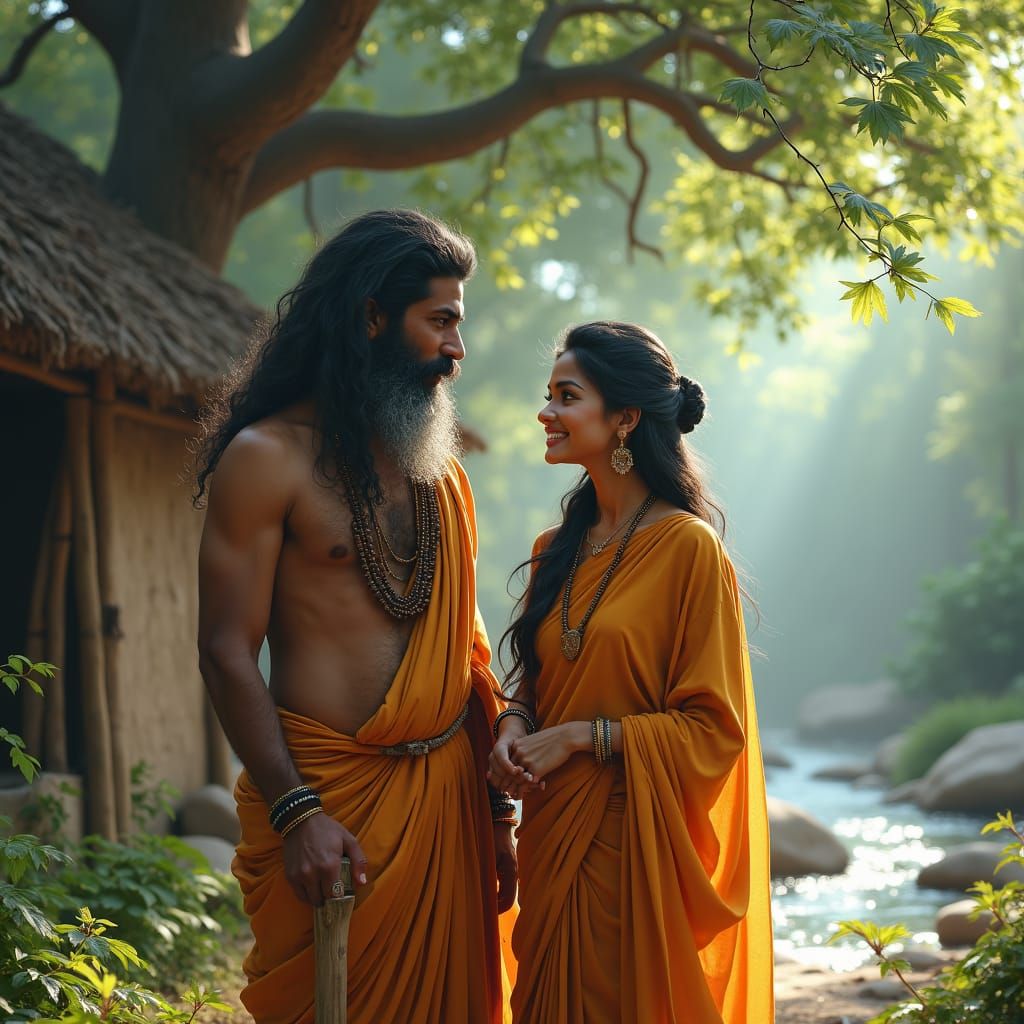 Sage Dadhichi and Swarcha: Tranquil Ashram Scene