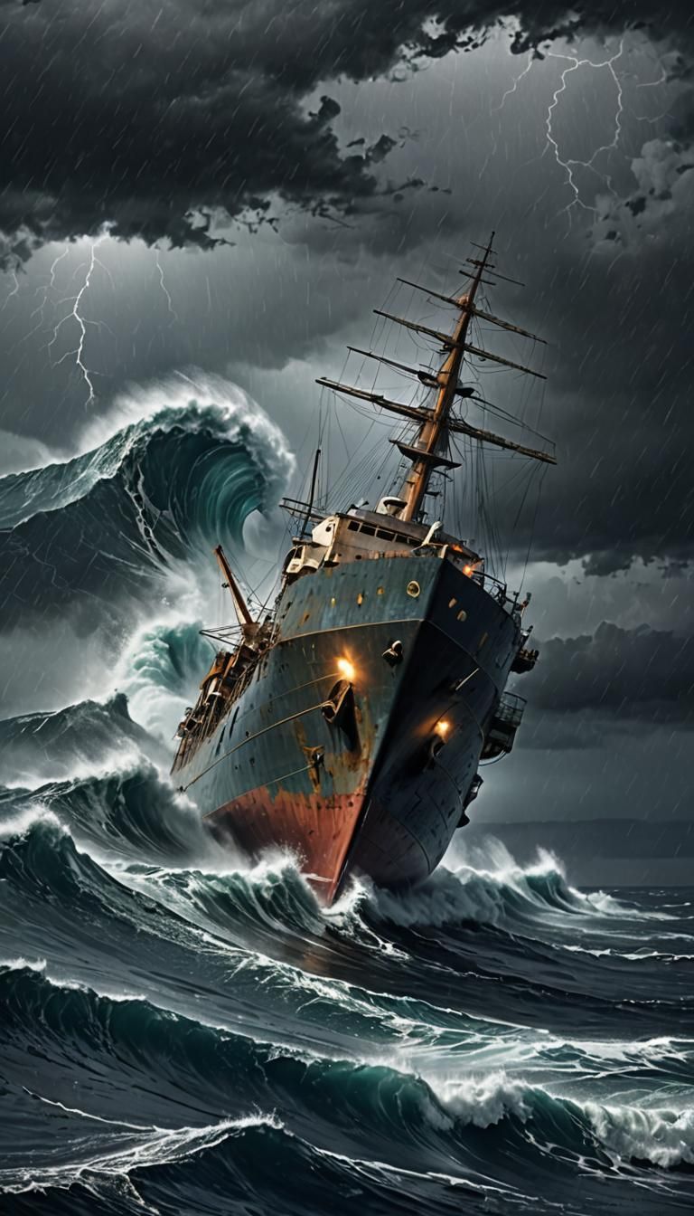 Abandoned Ship Adrift in Stormy Ocean at Night