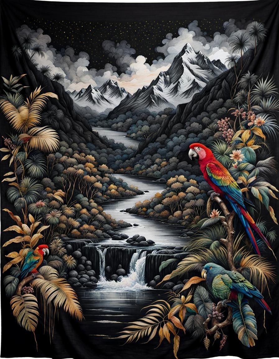 Jungle River at Night in Golden Brocade Style