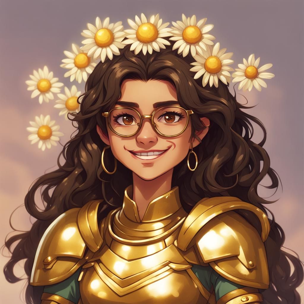 Woman with Goofy Smile in Golden Armor Portrait