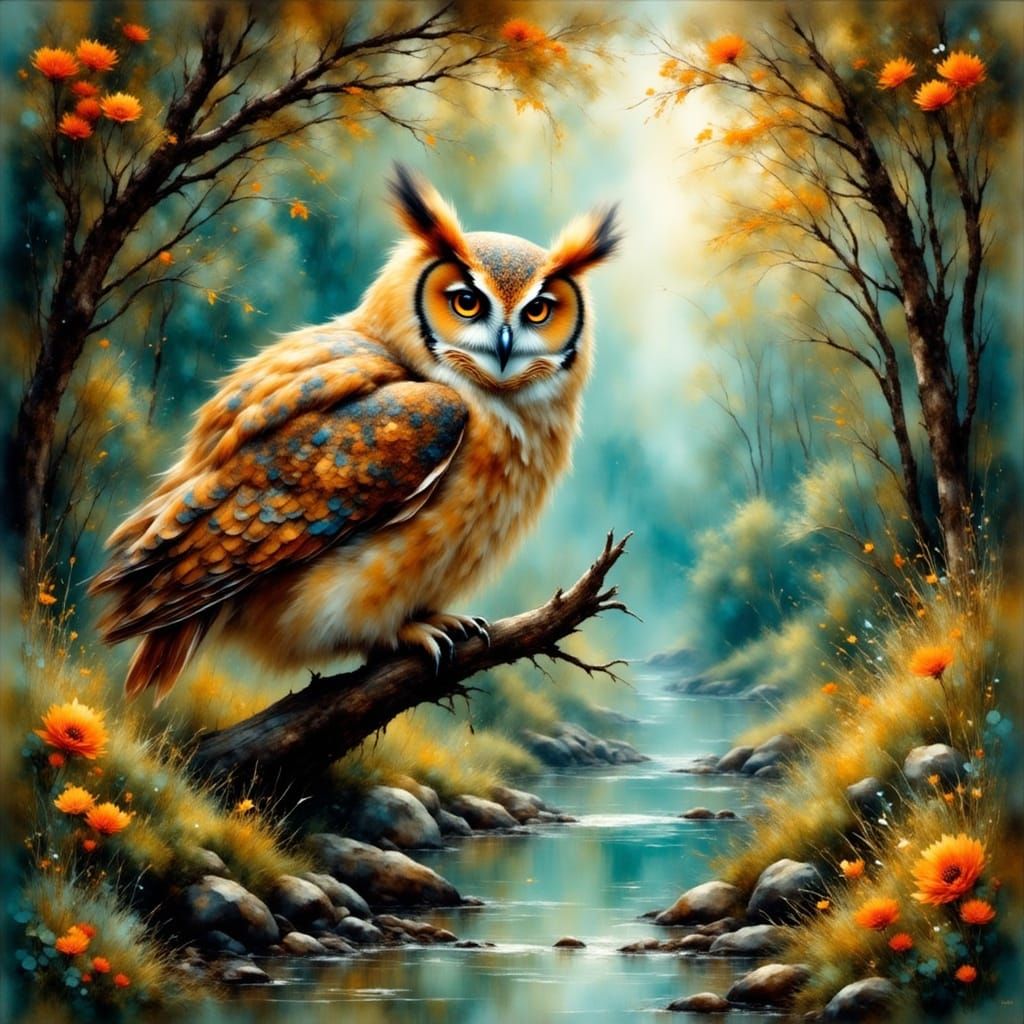 Majestic Owl in Whimsical Forest Landscape