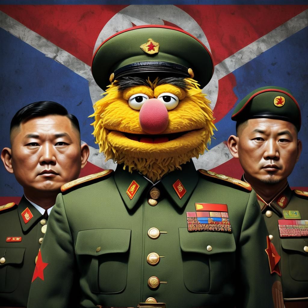 A boldly triumphant North Korean muppet, emanating power and...