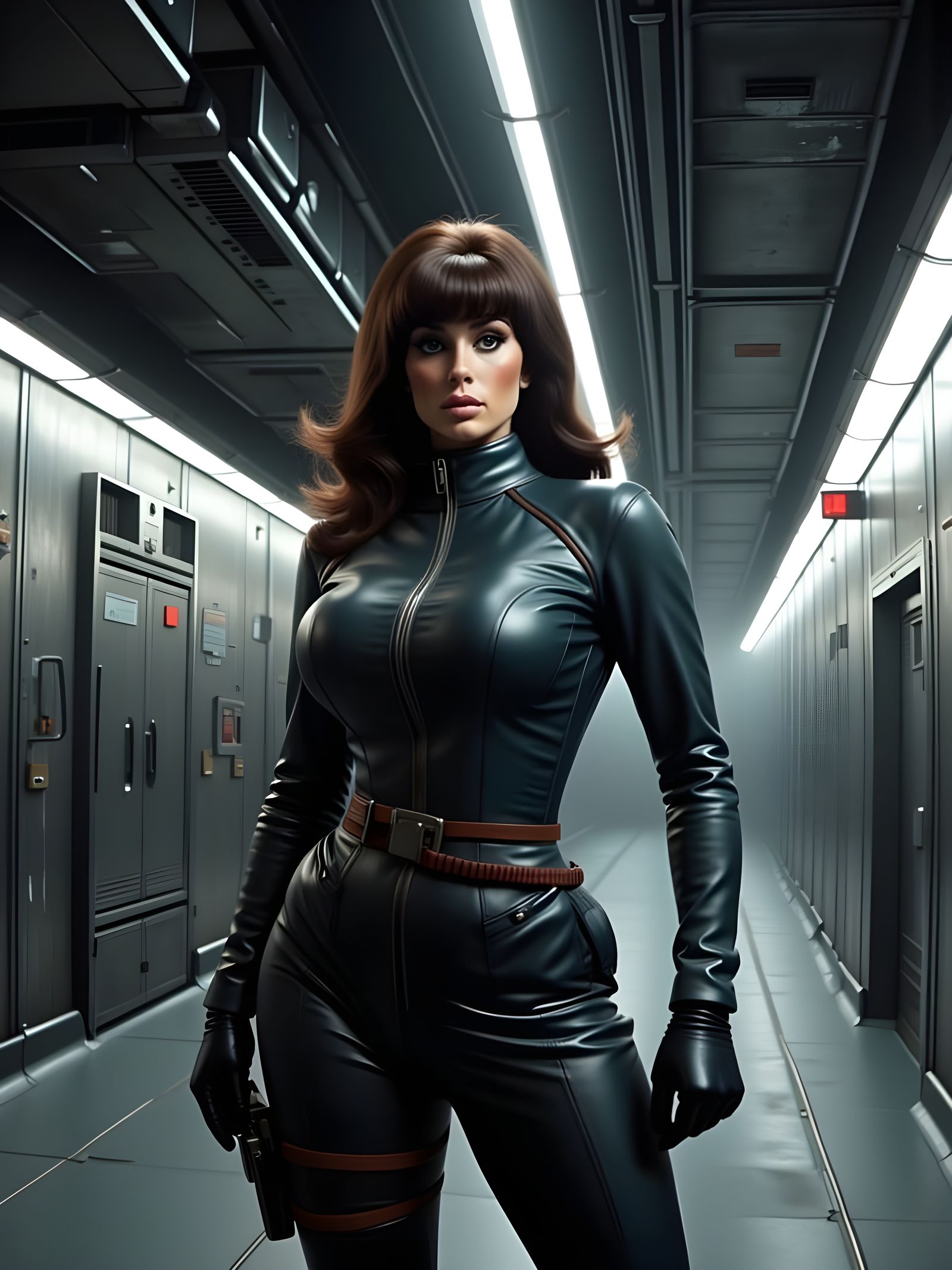 Sassy Space Age Spy in Futuristic Corridor