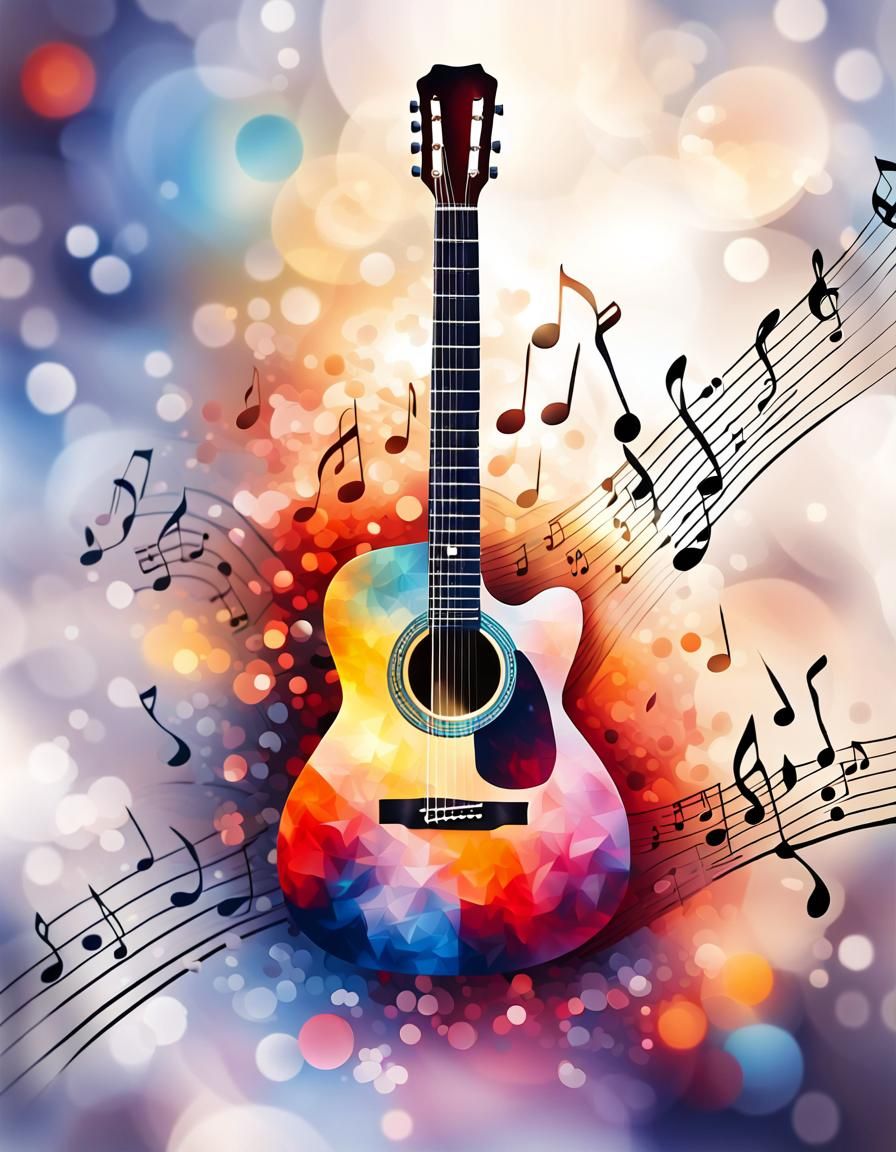 Polychromatic Guitar Over Music Notes in Abstract Oil