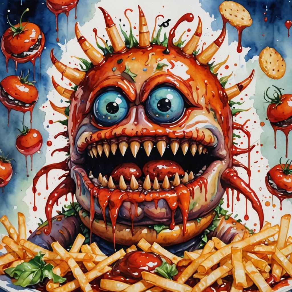 Whimsical Hamburger Monster in Watercolor Style