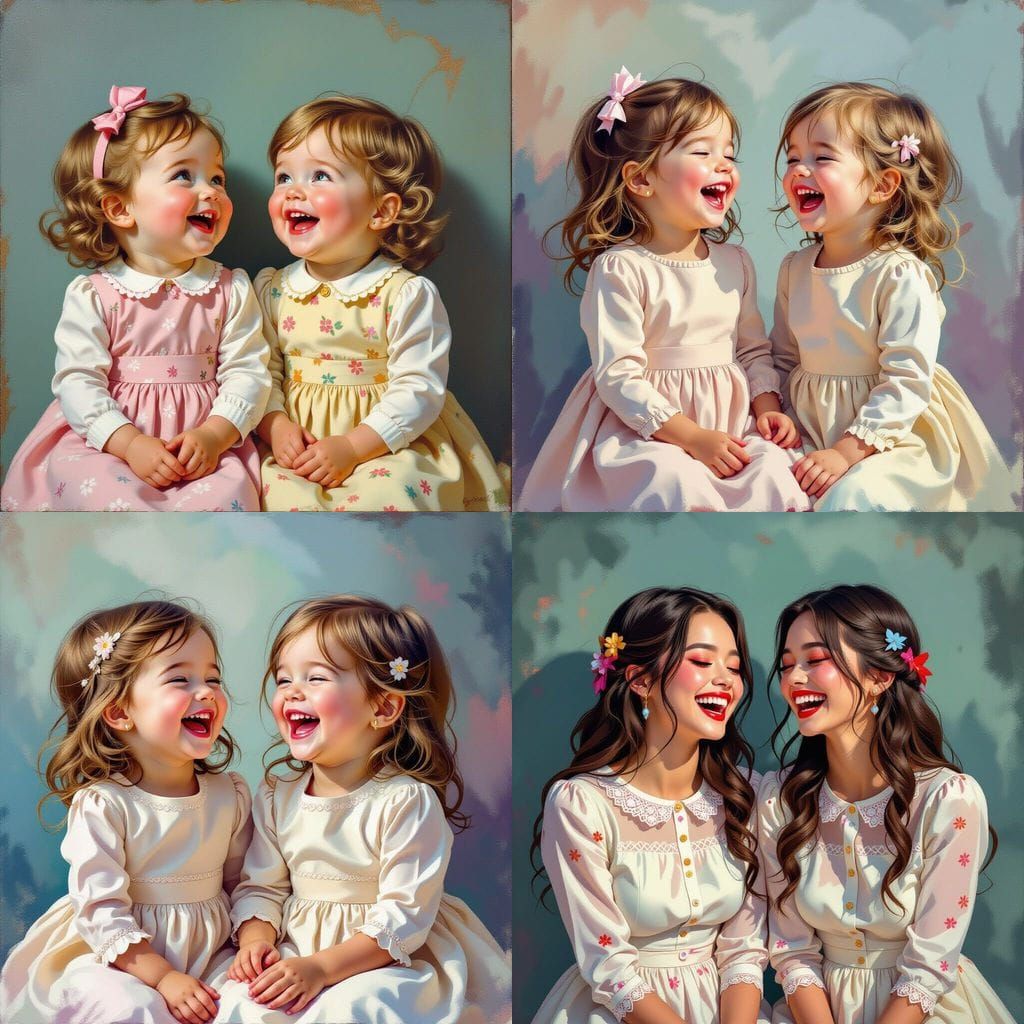 Playful Twins in Matching Dresses: Hyperrealistic Art