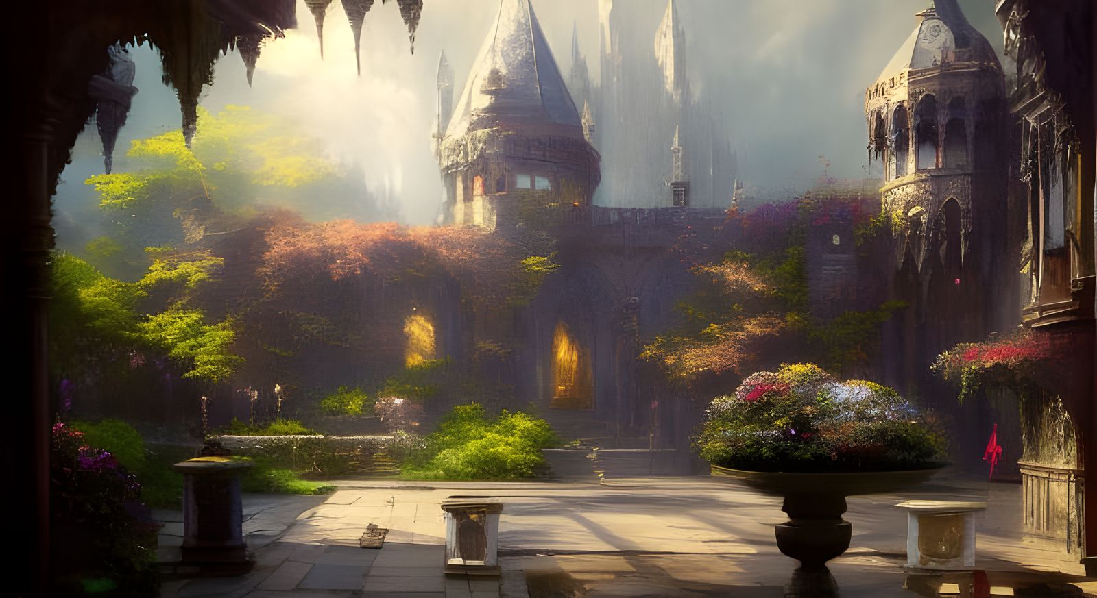 Medieval Courtyard with Sea Dragon Fountain