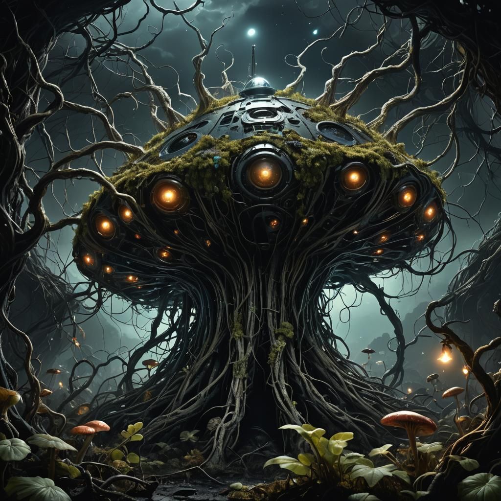 Eerie Vegetation Creature Captures Spaceship in Dark Fantasy