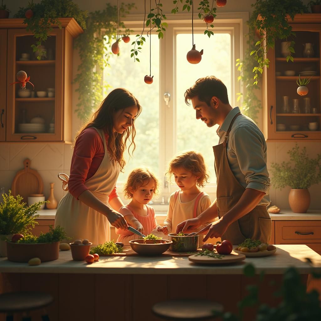 Family Cooking in Mystical Kitchen: Folk-Fantasy Art