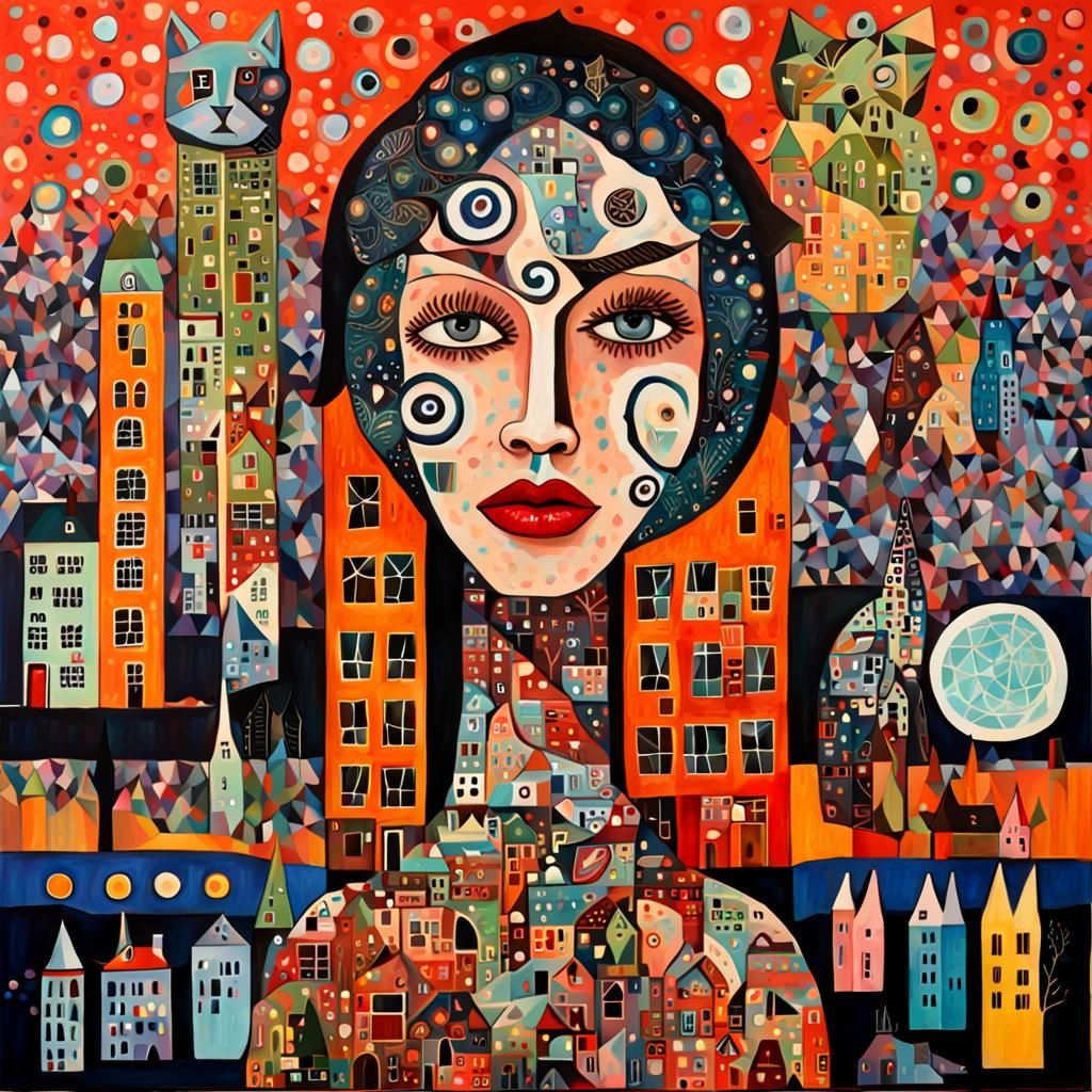 Girl with Cat: Naive Surrealist Portrait