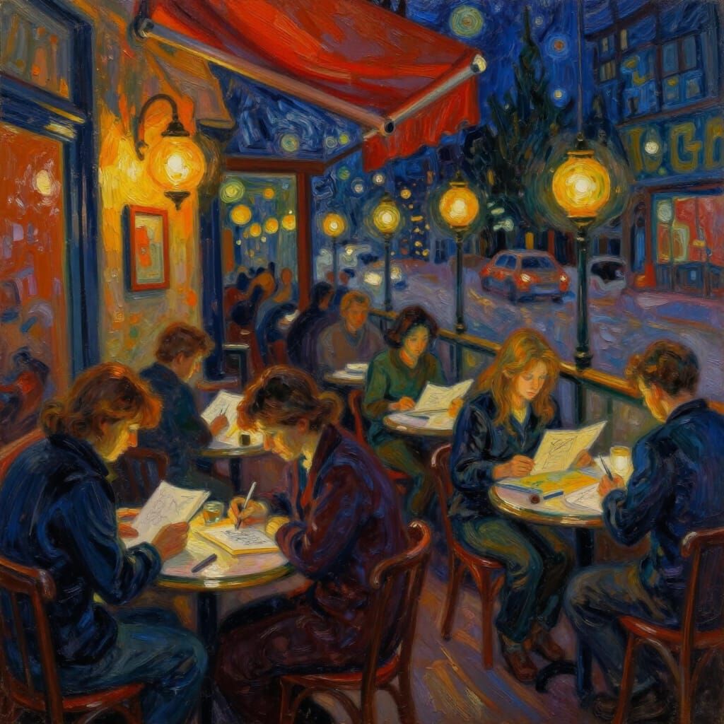 Night Cafe Scene in Impressionist Oil Painting Style