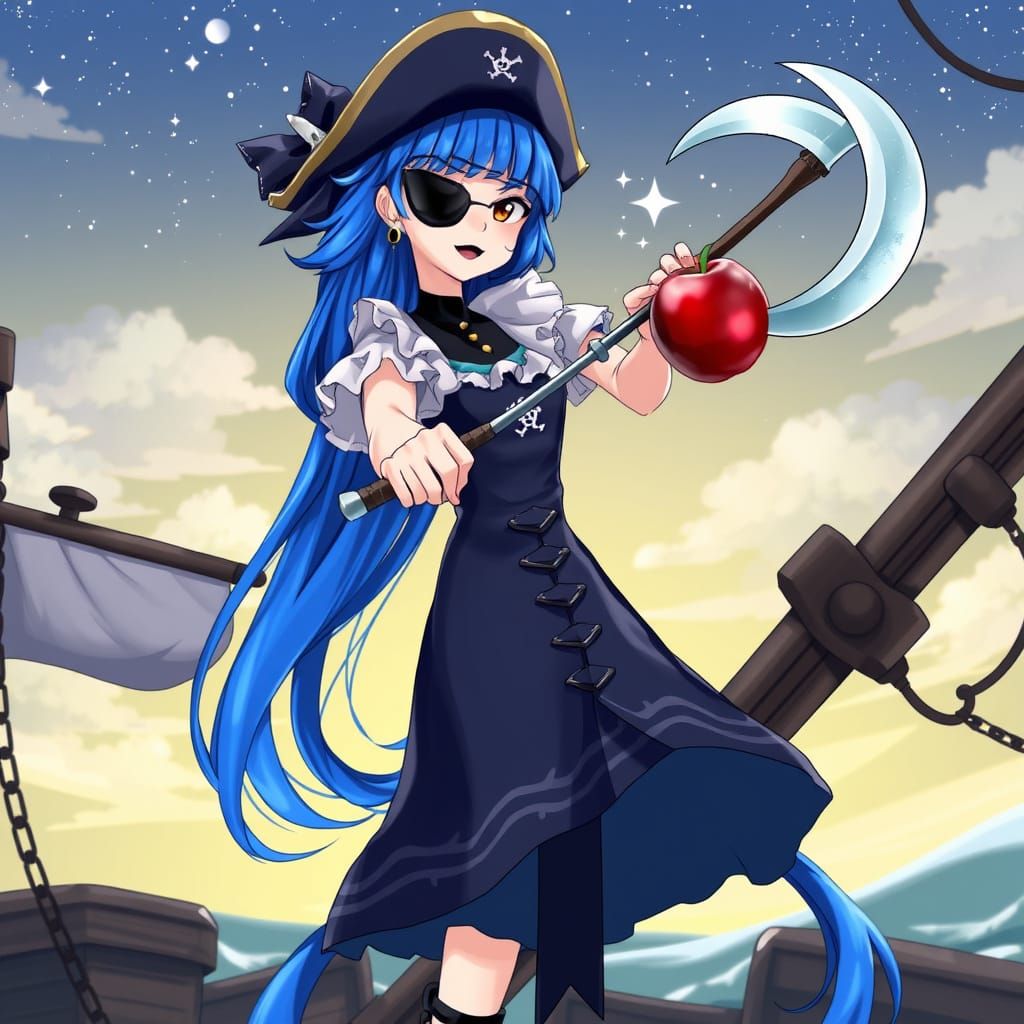 Pirate Slices Fruit with Moon Sickle in Anime Style