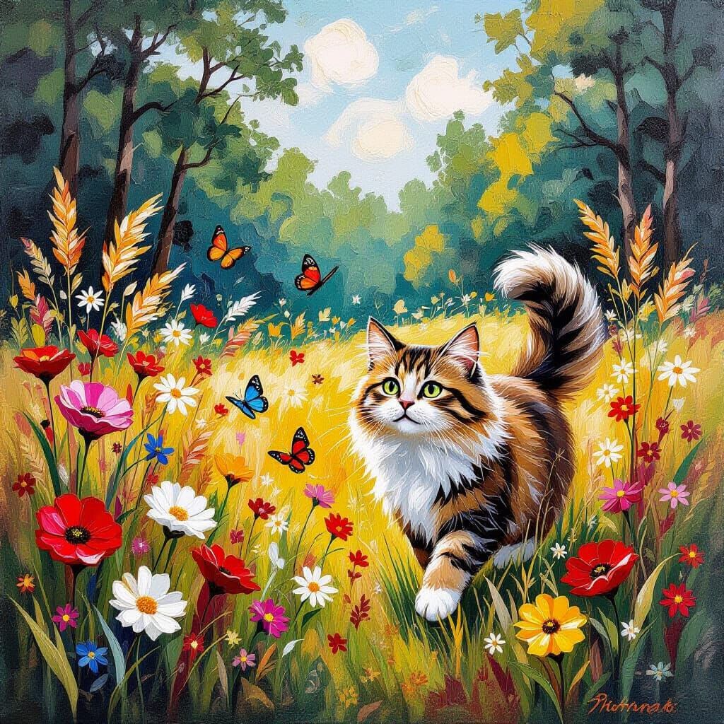 Cat Chasing Butterflies in Encaustic Painting Style