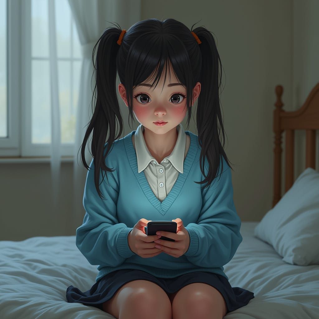 Girl with Pigtails Focused on Phone: Realistic Digital Art