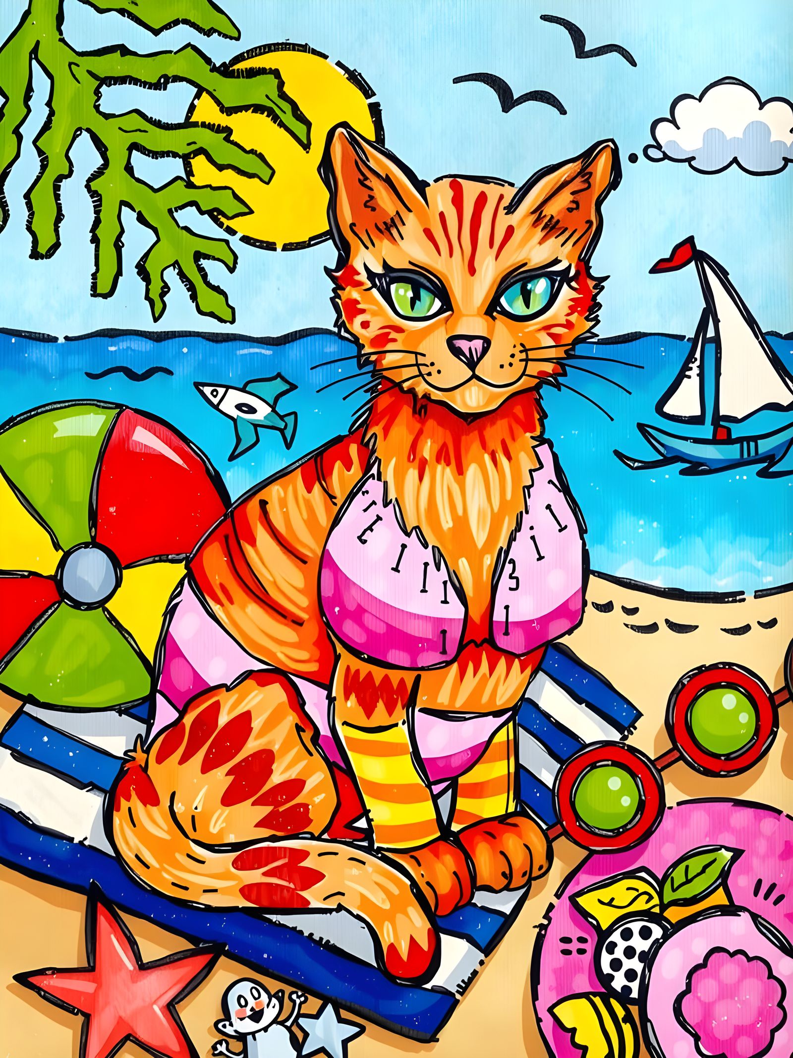 Cat Relaxing on a Sunny Beach