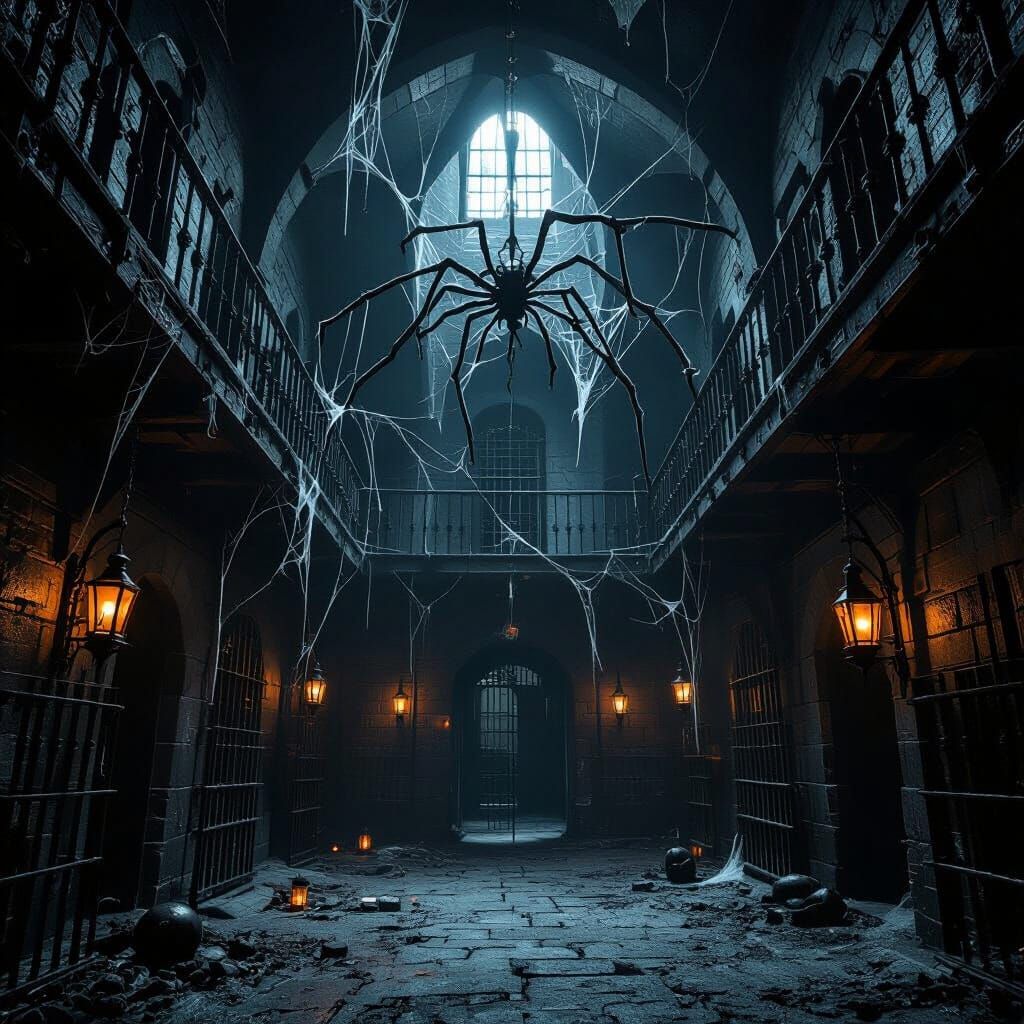 Gothic Prison Interior with Spider-Like Architecture