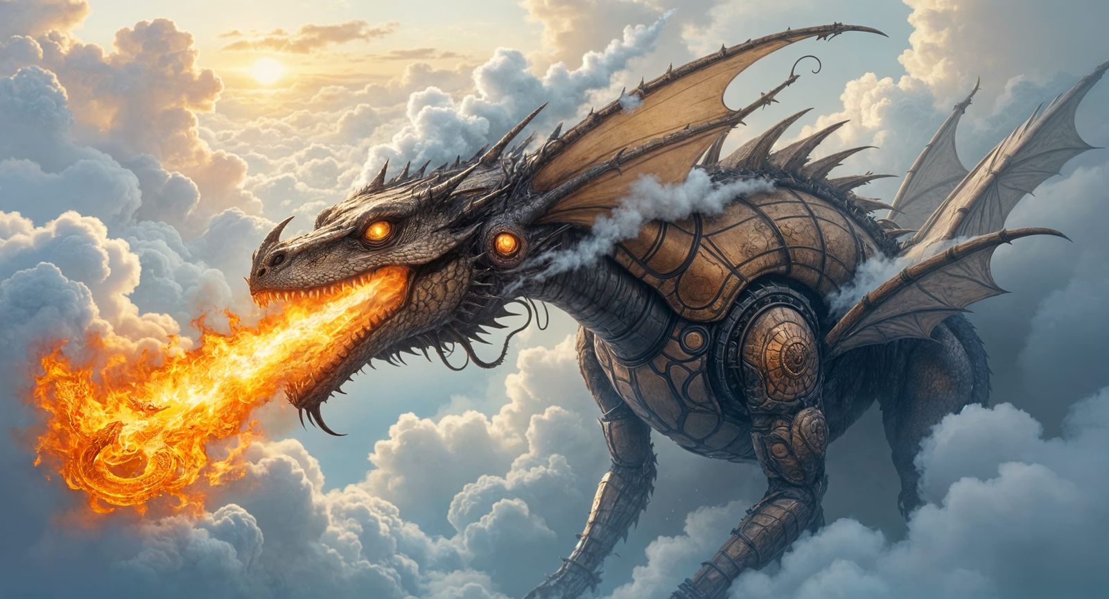 Steampunk Mech Dragon in Clouds, Oil Painting