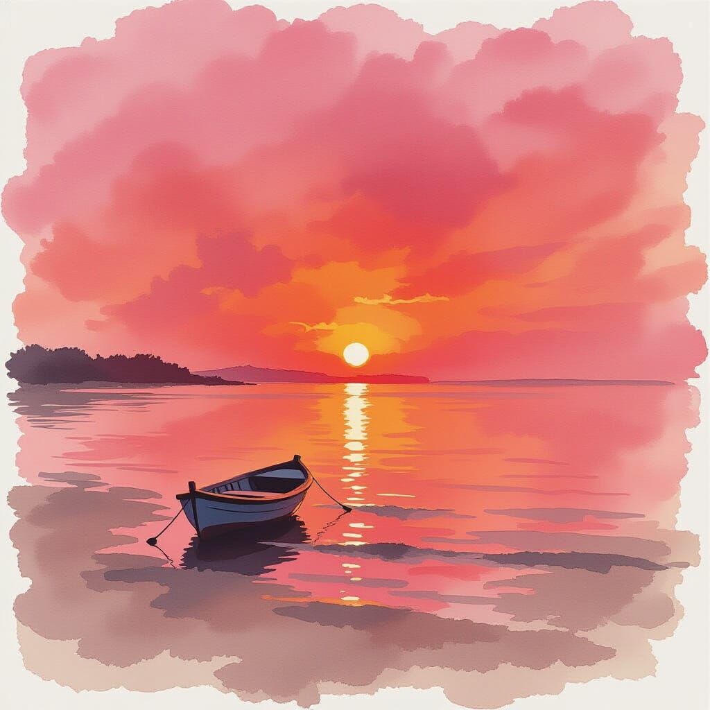 Pink and Red Beach Sunset in Impressionist Style