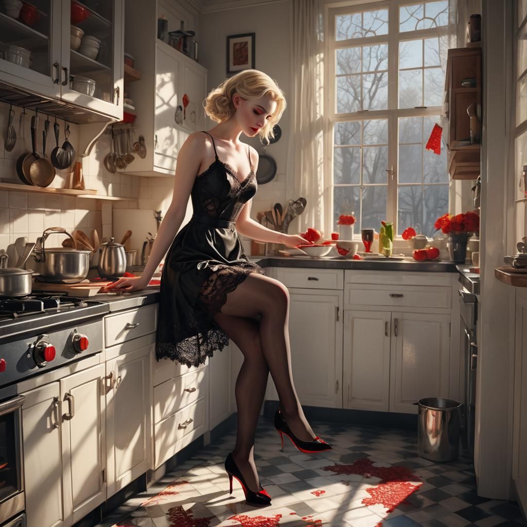 Woman in Lacy Negligee Prepares Breakfast: 3D Digital Art