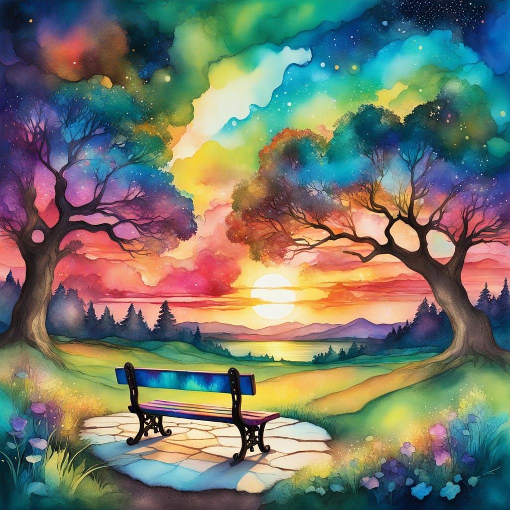 Ethereal Sunset Park Bench in Alcohol Ink Style
