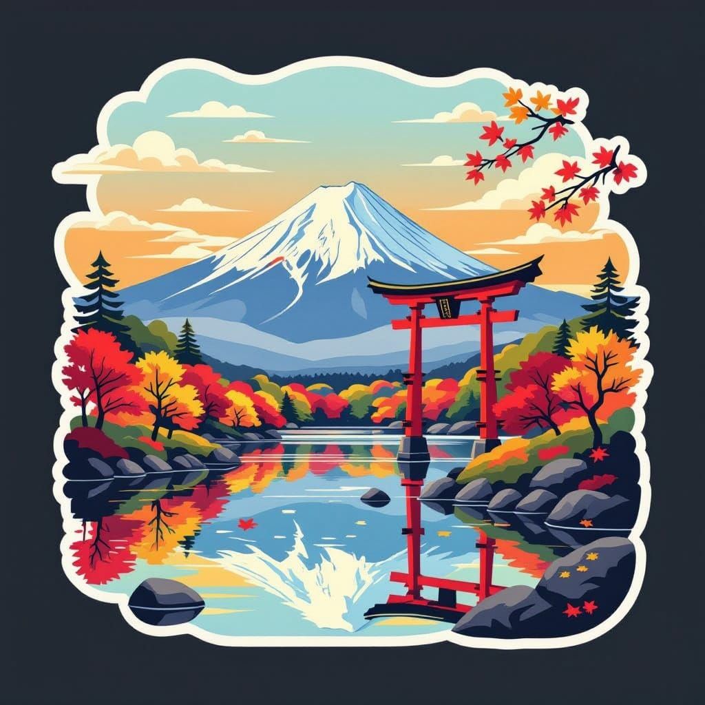 Vibrant Japan Travel Sticker with Mount Fuji and Torii Gate